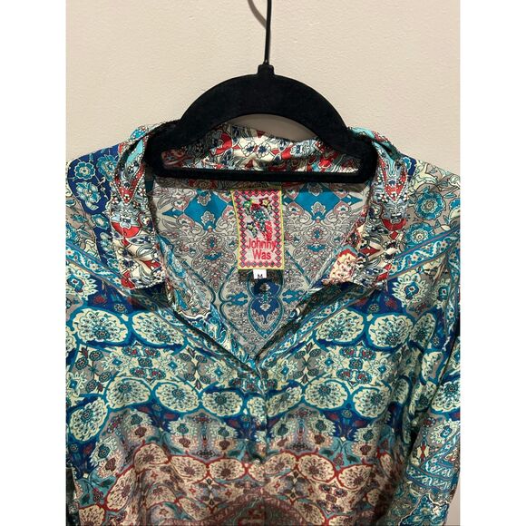 Johnny Was 100% Silk Button Up Top Long Sleeve R - Picture 2 of 13